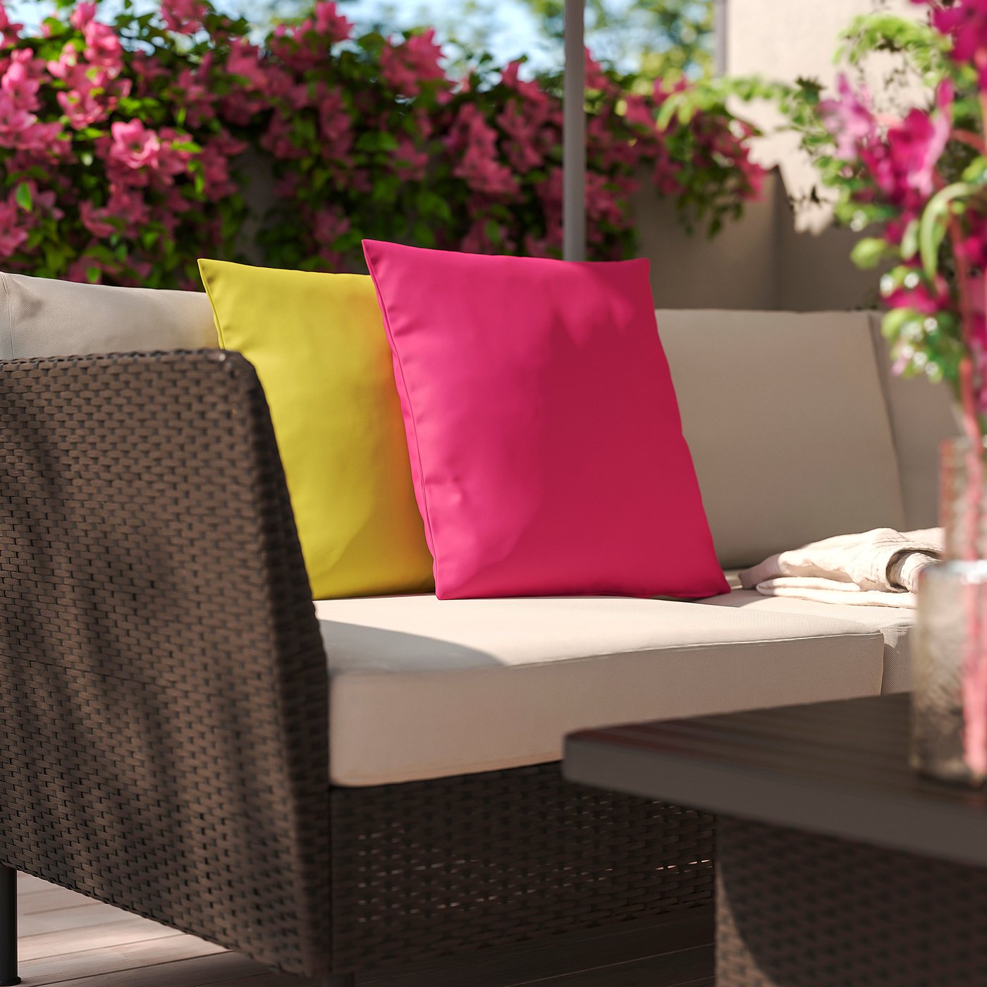 HJÄRTERÖ cushion, set of 2, yellow-green bright pink/out/indoor, 50x50 cm