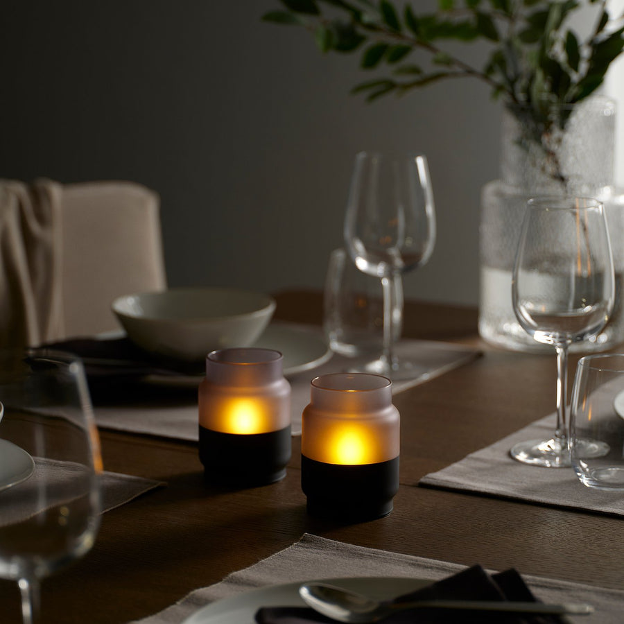 HJULMÖJA LED table decoration, glass/battery-operated greyish-black, 80 mm