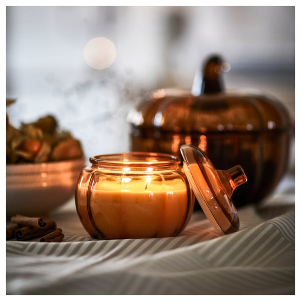 HÖSTAGILLE scented candle in glass, 2 wicks, Spiced pumpkin/brown, 40 h