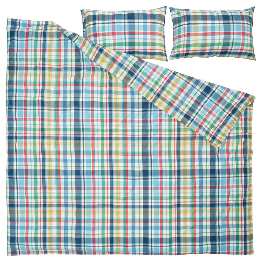 HÖSTGENTIANA duvet cover and 2 pillowcases, multicolour/check, 240x220/50x80 cm