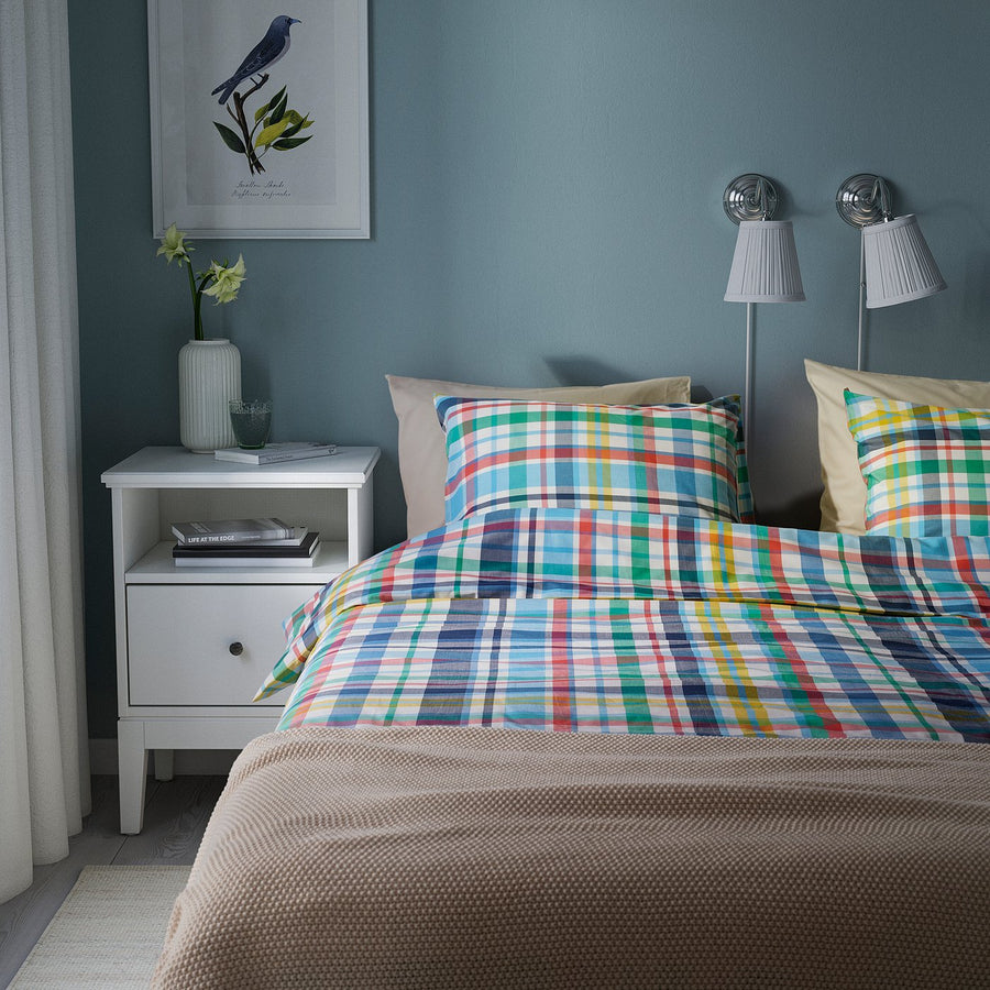 HÖSTGENTIANA duvet cover and 2 pillowcases, multicolour/check, 240x220/50x80 cm