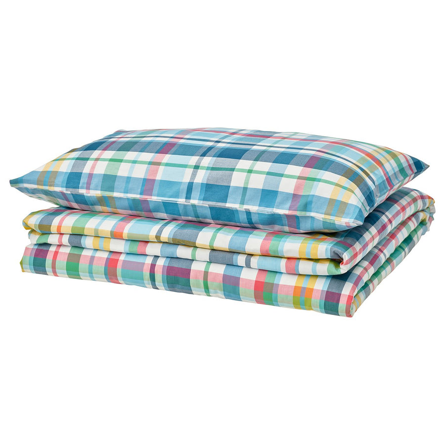 HÖSTGENTIANA duvet cover and pillowcase, multicolour/check, 150x200/50x80 cm