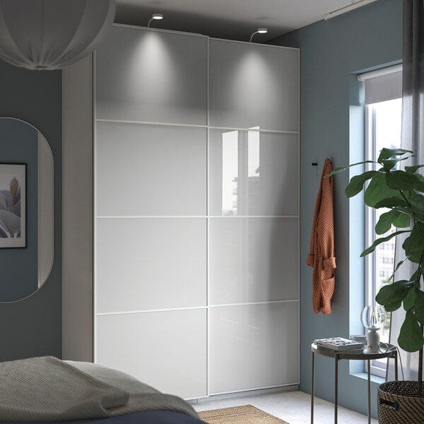 Ikea HOKKSUND - Pair of sliding doors, high-gloss light grey, 150x236 cm