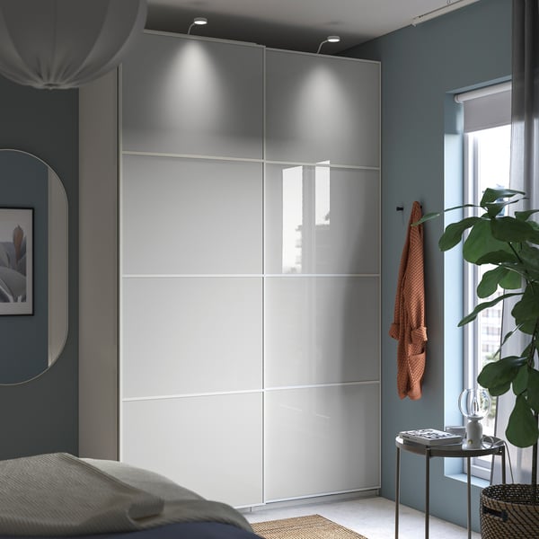 HOKKSUND pair of sliding doors, high-gloss light grey, 150x236 cm