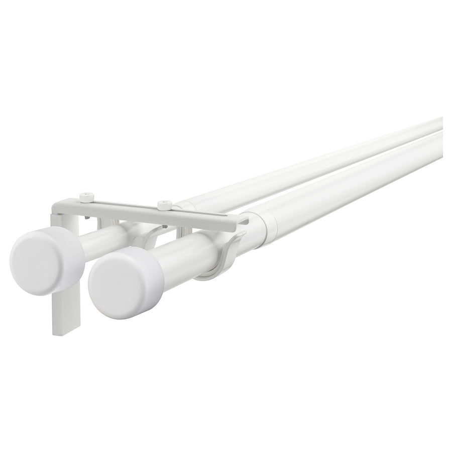 HUGAD / RÄCKA double curtain rod combination, with wall/ceiling brackets/with finials white, 210 cm