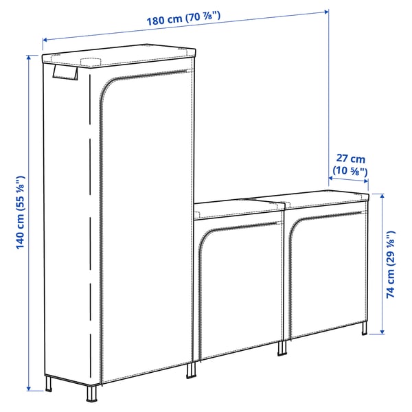 HYLLIS shelving units with covers, transparent, 180x27x74-140 cm