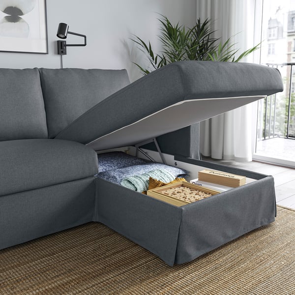 HYLTARP 3-seat sofa w chaise longue, right, Gransel grey, 262 cm