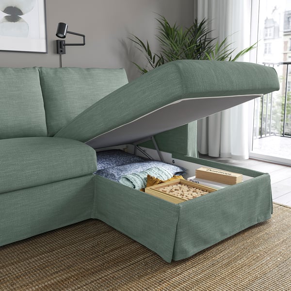 HYLTARP 3-seat sofa w chaise longue, right, Hemmesta grey-green, 262 cm