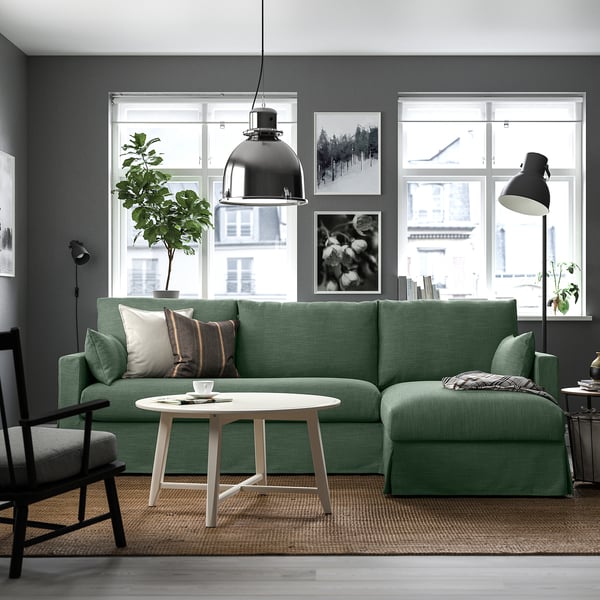 HYLTARP 3-seat sofa w chaise longue, right, Hemmesta grey-green, 262 cm