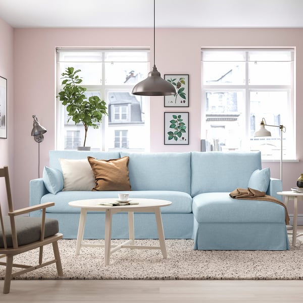 HYLTARP 3-seat sofa w chaise longue, right, Kilanda pale blue, 262 cm