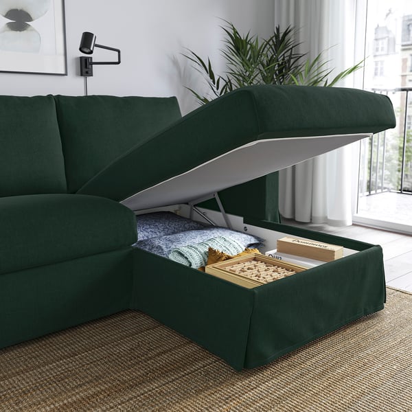 HYLTARP 3-seat sofa w chaise longue, right, Tallmyra dark green, 262 cm