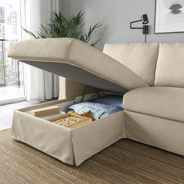 HYLTARP 3-seat sofa w chaise longue, left, Hemmesta light beige, 262 cm