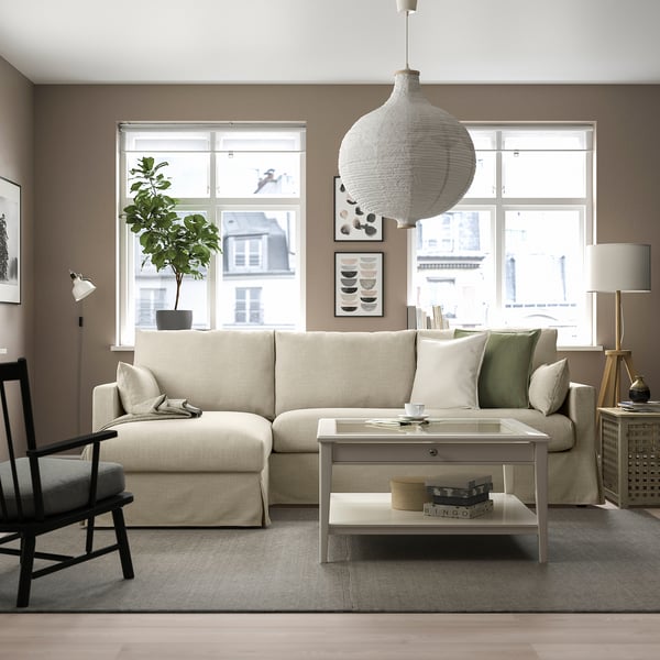 HYLTARP 3-seat sofa w chaise longue, left, Hemmesta light beige, 262 cm