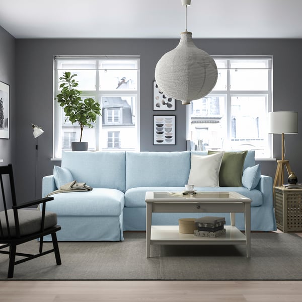 HYLTARP 3-seat sofa w chaise longue, left, Kilanda pale blue, 262 cm