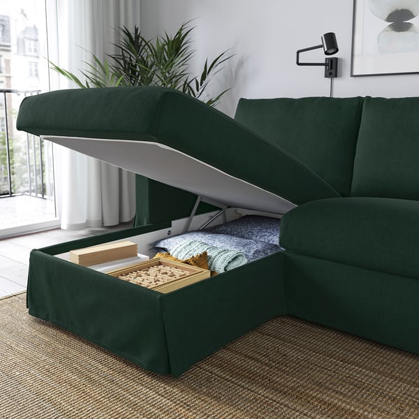 HYLTARP 3-seat sofa w chaise longue, left, Tallmyra dark green, 262 cm