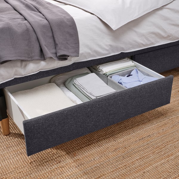 IDANÄS upholstered storage bed, Gunnared dark grey, 140x200 cm
