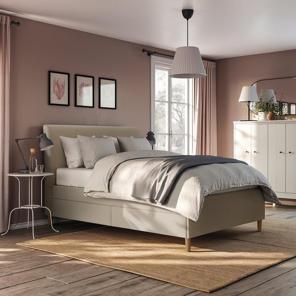 IDANÄS upholstered storage bed, Naggen beige, 140x200 cm