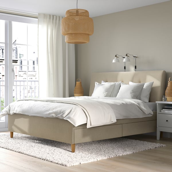 IDANÄS upholstered storage bed, Naggen beige, 180x200 cm