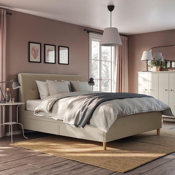 IDANÄS upholstered storage bed, Naggen beige, 180x200 cm