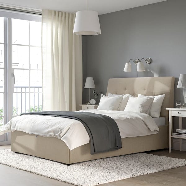 Ikea IDANÄS - Upholstered bed with storage, Naggen beige,140x200 cm