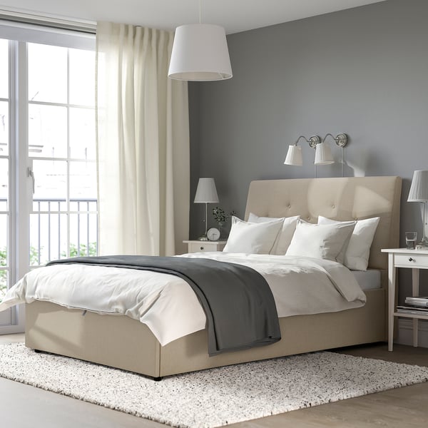 IDANÄS upholstered ottoman bed, Naggen beige, 140x200 cm