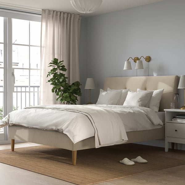 IDANÄS upholstered bed frame, Naggen beige, 160x200 cm
