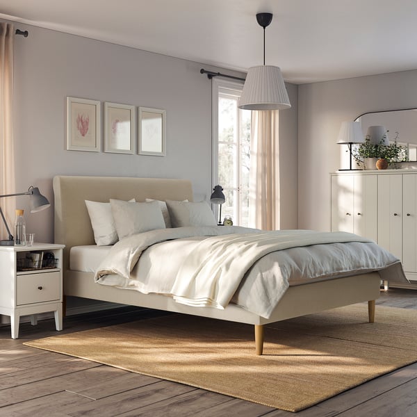 IDANÄS upholstered bed frame, Naggen beige, 160x200 cm