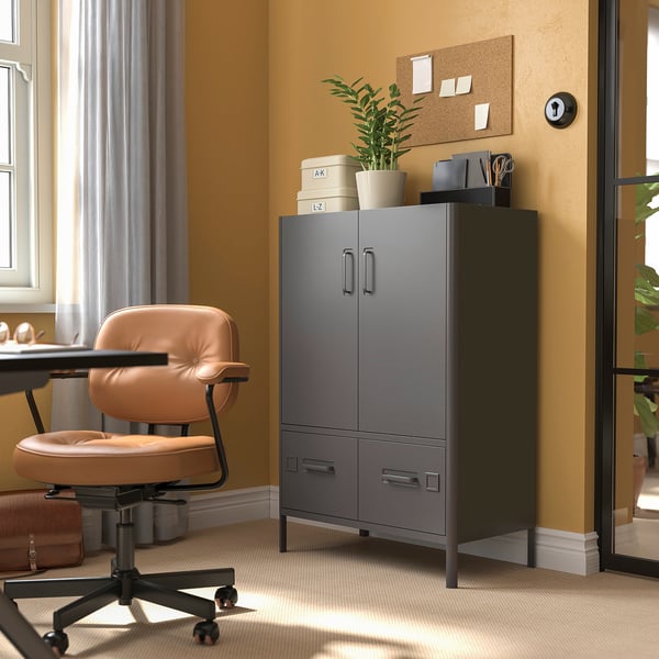 IDÅSEN cabinet with doors and drawers, dark grey, 80x47x119 cm