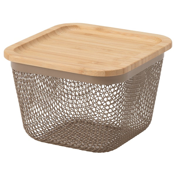 IKEA 365+ food storage basket with lid, square metal/light grey-brown bamboo, 15x15x11 cm