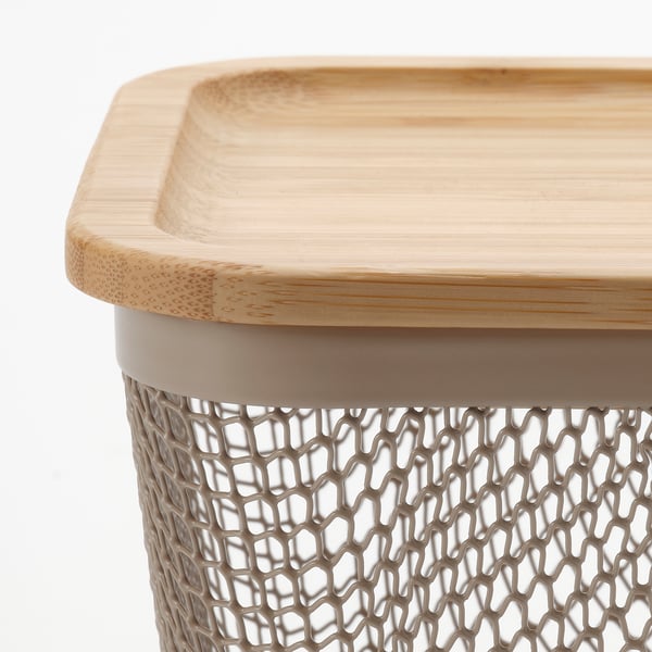 IKEA 365+ food storage basket with lid, square metal/light grey-brown bamboo, 15x15x11 cm