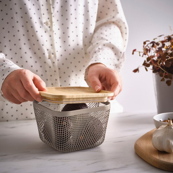 IKEA 365+ food storage basket with lid, square metal/light grey-brown bamboo, 15x15x11 cm
