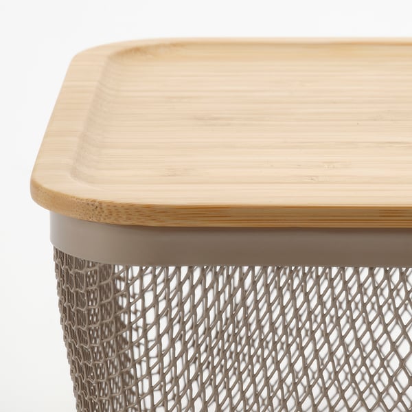 IKEA 365+ food storage basket with lid, rectangular metal/light grey-brown bamboo, 32x21x13 cm