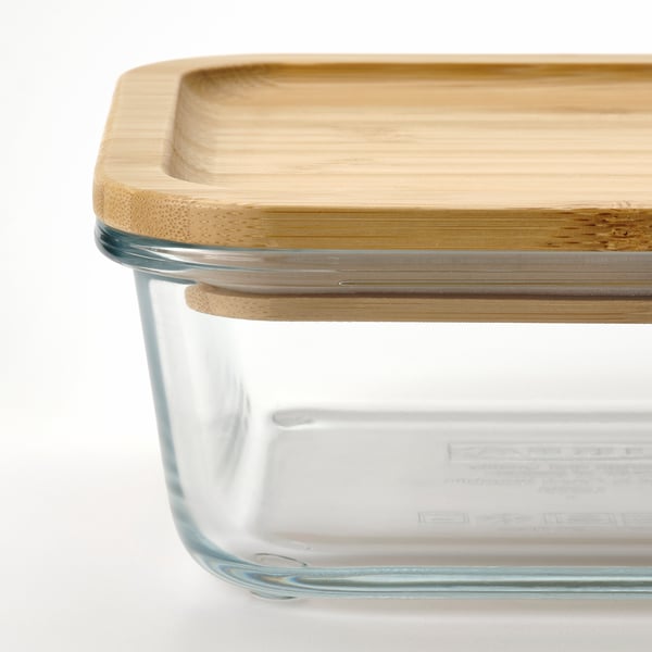 IKEA 365+ food container with lid, square glass/bamboo, 600 ml