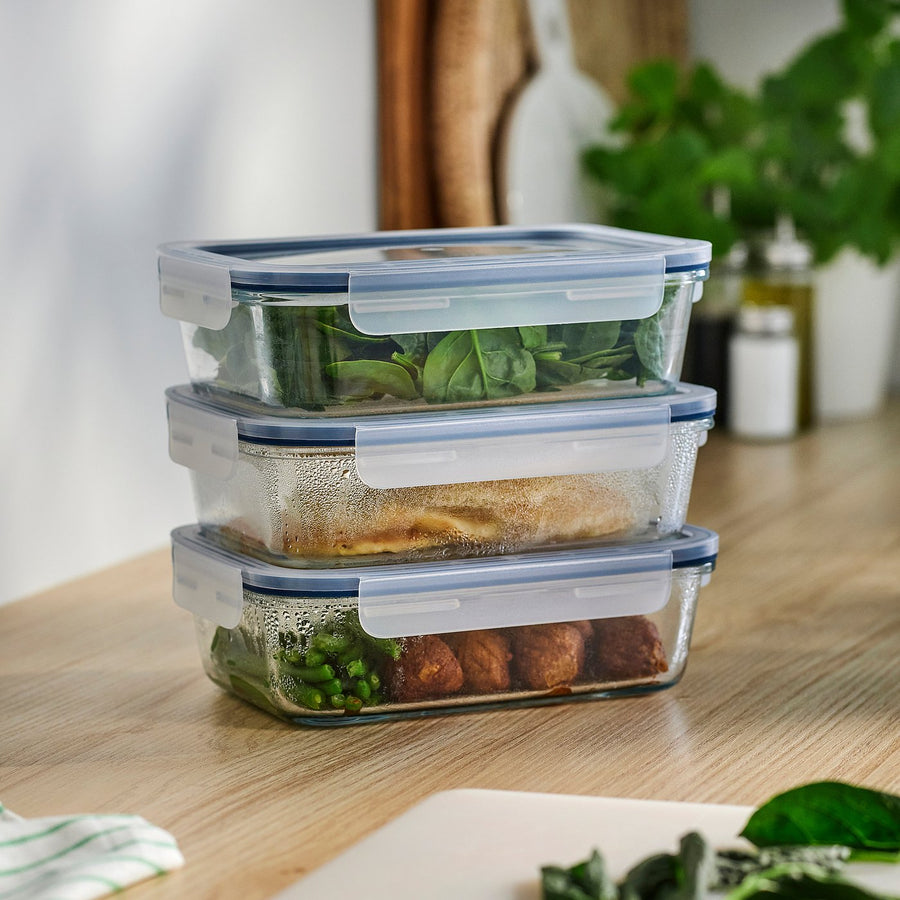 IKEA 365+ food container with lid, rectangular/glass, 21x15 cm, 3 pack