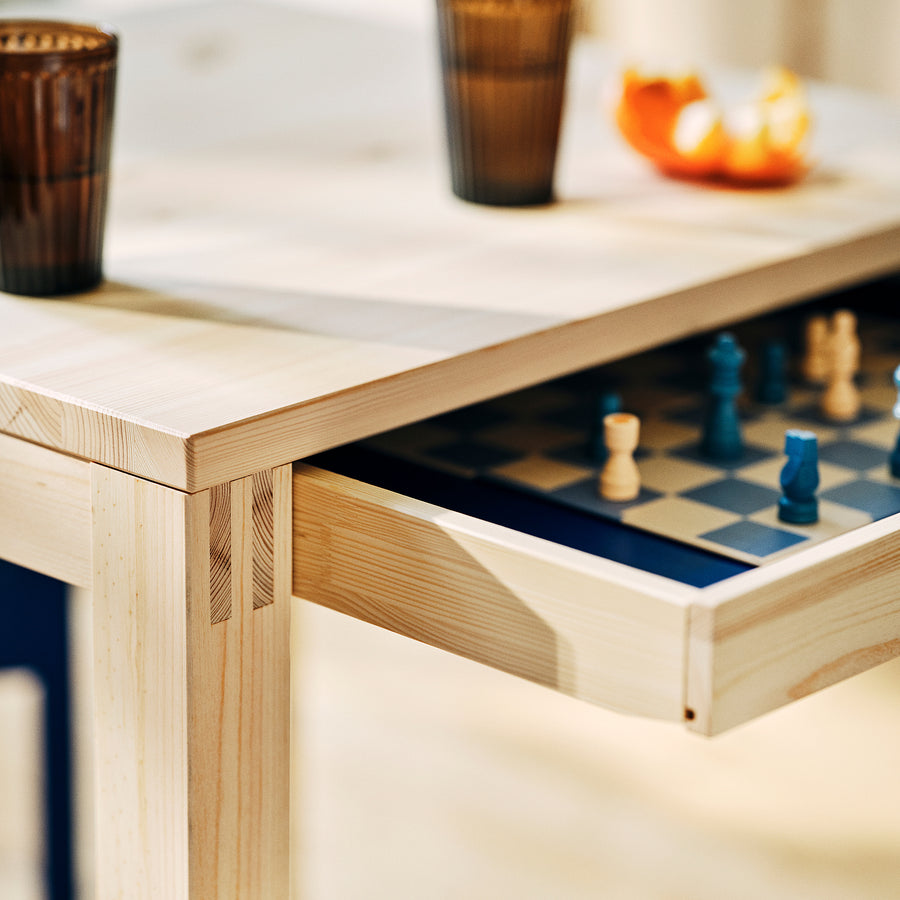 IKEA PS 2026 table with drawer, pine clear lacquered, 70x70 cm