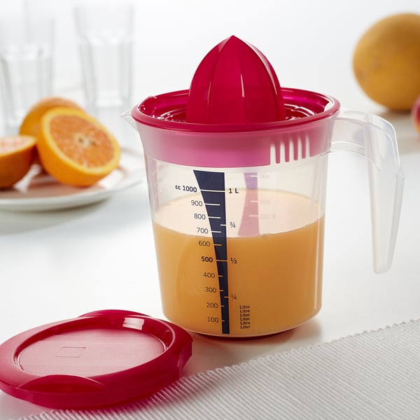 INFRIA jug with lid and citrus squeezer, transparent/cerise, 1.0 l