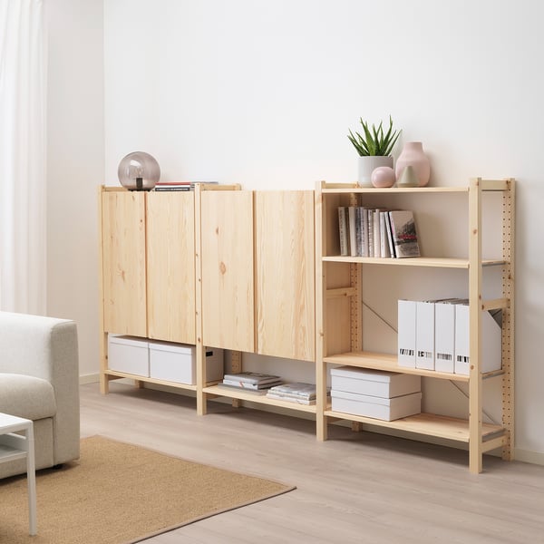 IVAR 3 sections/shelves/cabinet, pine, 259x30x124 cm