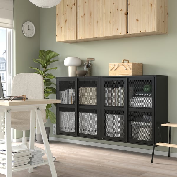 IVAR cabinet with doors, black mesh, 160x30x83 cm