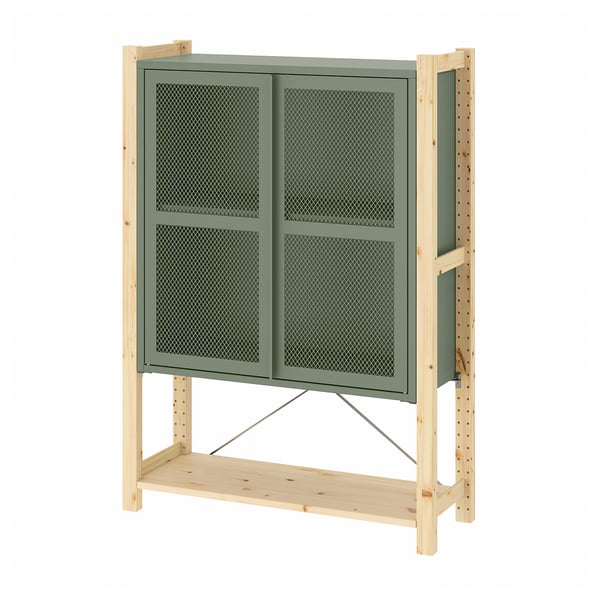 IVAR cabinet with doors, pine/grey-green mesh, 89x30x124 cm