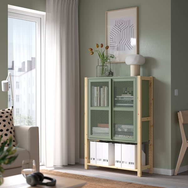 IVAR cabinet with doors, pine/grey-green mesh, 89x30x124 cm