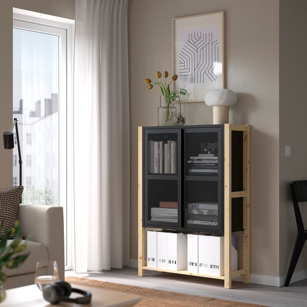 IVAR cabinet with doors, pine/black mesh, 89x30x124 cm