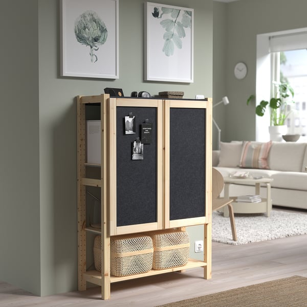IVAR shelving unit with doors, pine/felt felt, 89x30x124 cm