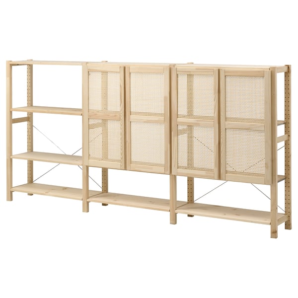 IVAR shelving unit with doors, pine, 259x30x124 cm