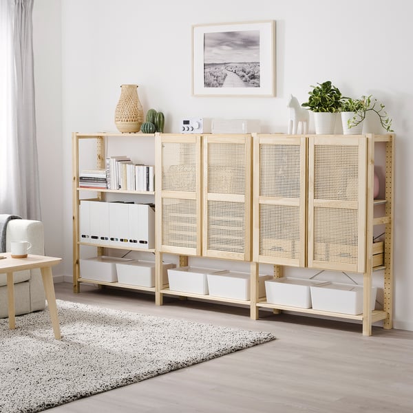 IVAR shelving unit with doors, pine, 259x30x124 cm