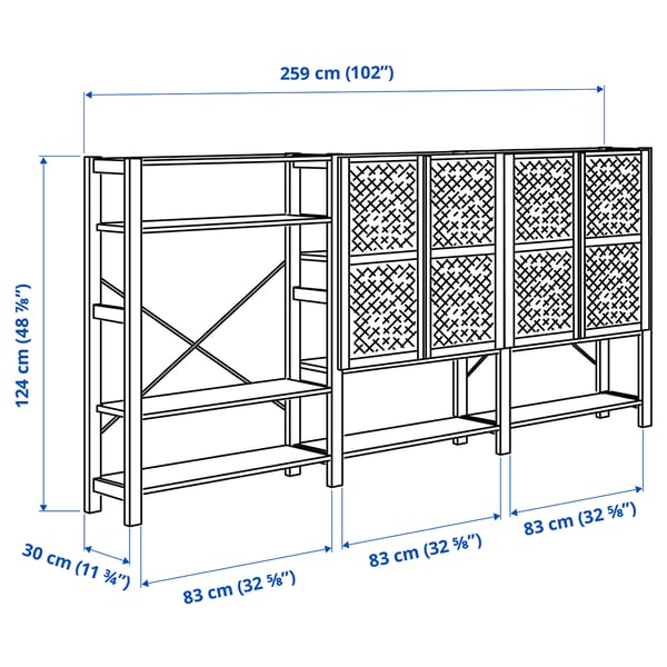 IVAR shelving unit with doors, pine, 259x30x124 cm