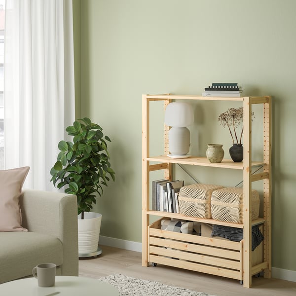 IVAR shelving unit with storage box, pine, 89x30x124 cm
