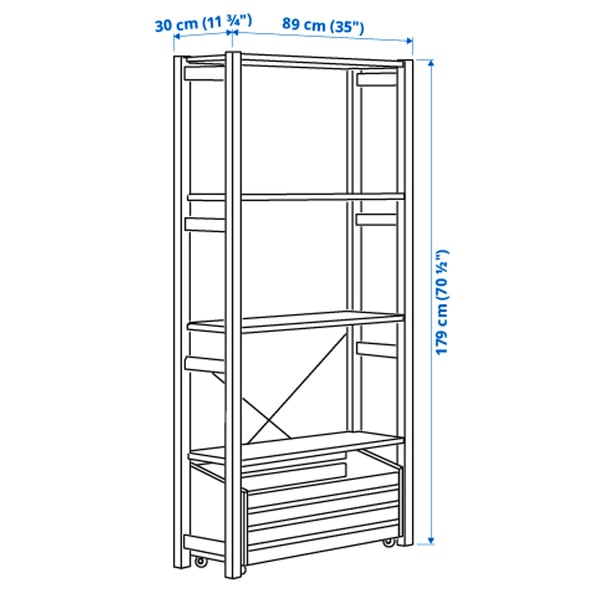 IVAR shelving unit with storage box, pine, 89x30x179 cm