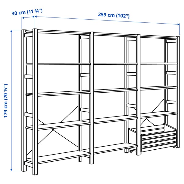 IVAR shelving unit with storage box, pine, 259x30x179 cm