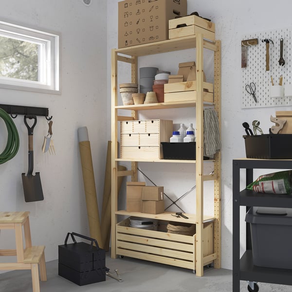 IVAR shelving unit with storage box, pine, 89x30x179 cm