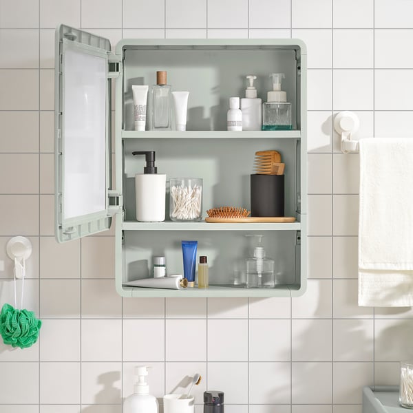 IVÖSJÖN mirror cabinet with 1 door, green, 44x15x59 cm